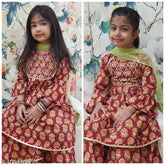 Cotton Anarkali Kurti Sharara Set with Net Dupatta, printed floral design and Gota work. Knee-length top paired with sharara bottom featuring elastic waistband. Vibrant colors for traditional ethnic wear in comfortable cotton. Sizes: 4-5Y (24in), 5-6Y (26in), 6-7Y (28in), 8-9Y (32in), 9-10Y (32in). Mother-daughter combo available, Made in India